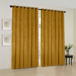Oxford Homeware Eyelet Velvet Curtains Ochre Fully Lined Blackout Thermal Insulated Eyelet Curtains Pair (W)168Cm X (L)183Cm