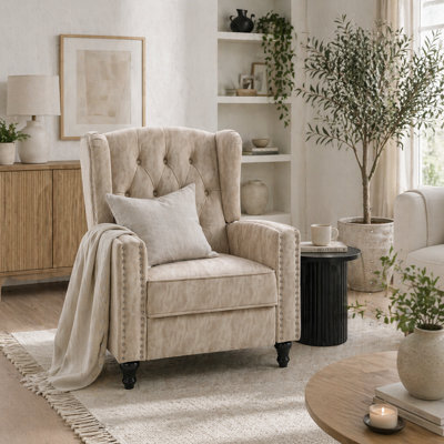 Wyld Haus Conofa Beige Microfibre Chesterfield Reclining Armchair - Mid Century Style, Manual Recline, Tufted Back - image 1