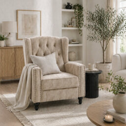Wyld Haus Conofa Beige Microfibre Chesterfield Reclining Armchair - Mid Century Style, Manual Recline, Tufted Back - thumbnail 1