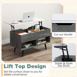 Gainoom Grey Lift Top Coffee Table Mid Century Modern Accent Table With Hidden Compartment & Open Storage Shelves - thumbnail 6