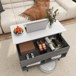 Gainoom Grey Lift Top Coffee Table Mid Century Modern Accent Table With Hidden Compartment & Open Storage Shelves - thumbnail 4