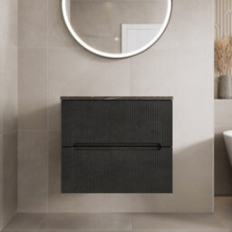 Aveli 600mm Bathroom Vanity Unit Grey Marble Countertop Wall Hung Fluted Black Unit