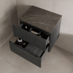 Affine 600mm Bathroom Vanity Unit Grey Marble Countertop Wall Hung Fluted Black Unit - thumbnail 3