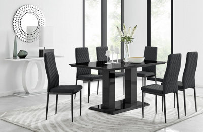 Furniturebox Imperia Black High Gloss 6 Seater Dining Table With Structural 2 Plinth Column Legs 6 Black Faux Leather Black Leg Milan Chairs - image 1