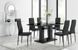 Furniturebox Imperia Black High Gloss 6 Seater Dining Table With Structural 2 Plinth Column Legs 6 Black Faux Leather Black Leg Milan Chairs - thumbnail 1