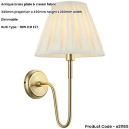 Loops Indoor Antique Brass Plate Wall Light - Cream Fabric Shade - Dimmable 10W Led E27 - thumbnail 2