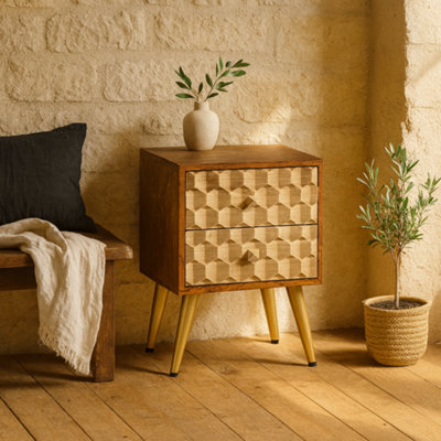 Wyld Haus Shenzhen Mango Wood Side Table, 2 Drawers, Gold Geometric Pattern - image 1
