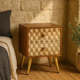 Wyld Haus Shenzhen Mango Wood Side Table, 2 Drawers, Gold Geometric Pattern - thumbnail 2