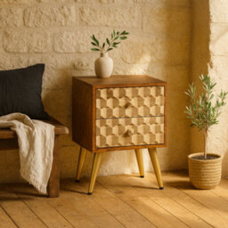Wyld Haus Shenzhen Mango Wood Side Table, 2 Drawers, Gold Geometric Pattern - thumbnail 1