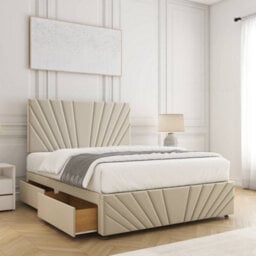 Bsspoke Rose Divan Bed Set Cream Plush Velvet 24Inch Headboard & Footboard & 2 Drawers Same Side & Mattress In All Sizes - thumbnail 1