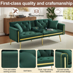 Matteo Luxury Two-Seater Velvet Sofa Bed With Gold Accents And Adjustable Backrest - thumbnail 4