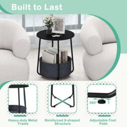 Round Side Table 2-Tier End Table With Fabric Storage Basket-Black - thumbnail 4