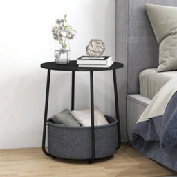 Round Side Table 2-Tier End Table With Fabric Storage Basket-Black - thumbnail 5
