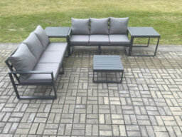 Fimous Aluminium 5 Pieces Garden Furniture Sofa Set With Cushions 6 Seater Outdoor Patio Set With Coffee Table 2 Side Tables - thumbnail 2