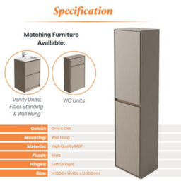 Plum&clay Norton Light Grey & Oak Wall Hung Bathroom Tall Storage Unit (H)1600mm (W)400mm - thumbnail 4