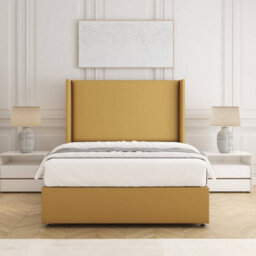 Bsspoke Austin Divan Bed Set Mustard Plush Velvet 54Inch Wingedback Headboard & Mattress & No Drawers In 3Ft 4Ft 4Ft6 5Ft 6Ft