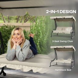 Outsunny 2-In-1 Garden Swing Chair For 3 Person W/ 2 Pillows, Cream - thumbnail 4