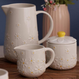 Daisy Sugar Bowl Jar With Lid Ceramic Hand Painted Flower Embossed White Storage - thumbnail 4