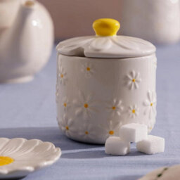 Daisy Sugar Bowl Jar With Lid Ceramic Hand Painted Flower Embossed White Storage - thumbnail 2
