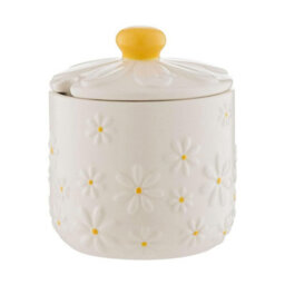 Daisy Sugar Bowl Jar With Lid Ceramic Hand Painted Flower Embossed White Storage - thumbnail 1