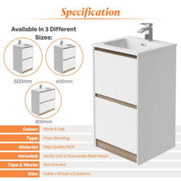 Plum&clay Norton White & Oak Freestanding Vanity Unit & Basin Set Bathroom Furniture (W)500mm (H)855mm - thumbnail 4