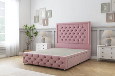 "Sloomy Vienna Pink Plush Divan Bed 4 Drawers-54"" Floor Standing Headboard & 12"" Footboard 4'6 Double" - image 1
