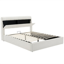 Abrihome Hydraulic Storage Bed With Headboard - Cream White, Double (135X190Cm) Without Mattress, Pu - thumbnail 5