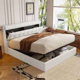 Abrihome Hydraulic Storage Bed With Headboard - Cream White, Double (135X190Cm) Without Mattress, Pu - thumbnail 1
