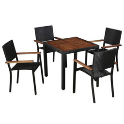 Walplus 5 Piece Outdoor Dining Set Poly Rattan And Acacia Wood Black