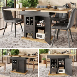 Abrihome Extending Kitchen Table With Wine Storage(110-140X80Cm), Foldable Design With Drawers, For Compact Dining Spaces, Black