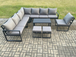 Fimous Aluminium 10 Seater Patio Outdoor Garden Furniture Lounge Corner Sofa Set With Oblong Coffee Table 2 Small Footstools - thumbnail 2