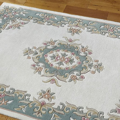Handmade Floral Boreder Cream Green Traditional Easy To Clean Wool Rug For Living Room & Bedroom-80Cm X 150Cm - image 1