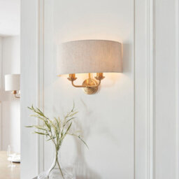 Luminosa Lighting Luminosa Highclere Wall Lamp With Shade Vintage Brass, Natural Linen, 2X E14 - thumbnail 3