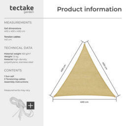 Tectake Shade Sail - Triangular With Uv Protection 50+, Water-Repellent - 4 X 4 X 4 M - Beige - thumbnail 6