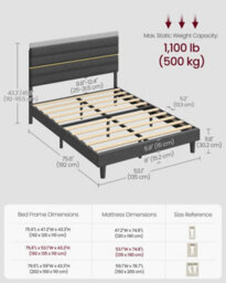 LEDREM Double Bed Frame, For 135 X 190 Cm Mattress, Adjustable Upholstered Headboard, Metal Frame, Wooden Slats, Modern, Slate Grey - thumbnail 6