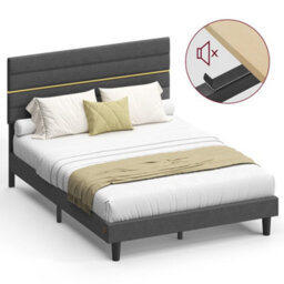 LEDREM Double Bed Frame, For 135 X 190 Cm Mattress, Adjustable Upholstered Headboard, Metal Frame, Wooden Slats, Modern, Slate Grey - thumbnail 2