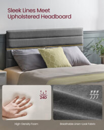 LEDREM Double Bed Frame, For 135 X 190 Cm Mattress, Adjustable Upholstered Headboard, Metal Frame, Wooden Slats, Modern, Slate Grey - thumbnail 3