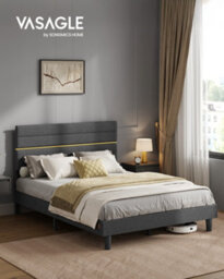 LEDREM Double Bed Frame, For 135 X 190 Cm Mattress, Adjustable Upholstered Headboard, Metal Frame, Wooden Slats, Modern, Slate Grey - thumbnail 1