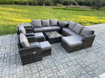 Fimous High Back Rattan Garden Furniture Set With Square Coffee Table 3 Footstools 2 Side Tables Patio Lounge Sofa Set - image 1