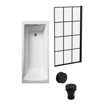 Balterley Square Single Ended 1700X700 With Leg Set & Black Square Framed Screen & Black Waste - image 1