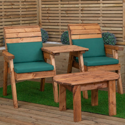 Samuel Alexander 2 Seater Chunky Wooden Garden Furniture Set With Coffee Table & Green Cushions - image 1