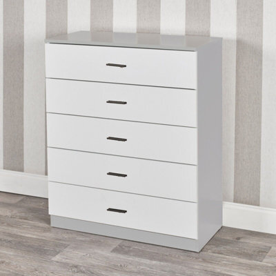 Urbnliving Height 90.5Cm 5 Drawer Wooden Bedroom Chest Cabinet Grey Carcass And  White Drawers Modern Wide Storage Cupboard Closet - image 1