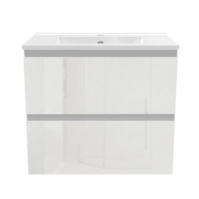 Sline 600mm Wall-Hung Gloss White Bathroom Vanity Unit With Integrated Sink,2 Soft-Close Drawers For Storage - image 1