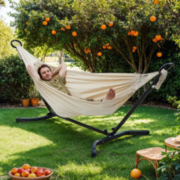 LEDREM Hammock With Stand, 210 X 150 Cm Hammock, 5 Adjustable Heights With Metal Frame, 240 Kg Load Capacity, Black Stand And Beige - thumbnail 1