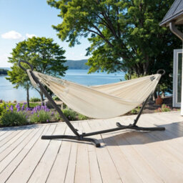 LEDREM Hammock With Stand, 210 X 150 Cm Hammock, 5 Adjustable Heights With Metal Frame, 240 Kg Load Capacity, Black Stand And Beige - thumbnail 3