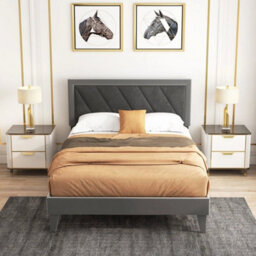 Double Size Bed Frame Velvet Upholstered Platform Bed Slat W/ High Headboard - thumbnail 3