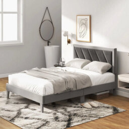 Double Size Bed Frame Velvet Upholstered Platform Bed Slat W/ High Headboard - thumbnail 4
