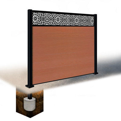 Easycomposite 5Ft Composite Fence Panel & Aluminium Post Sunken In Ground - Teak Boards & Morocco Topper Trellis - image 1