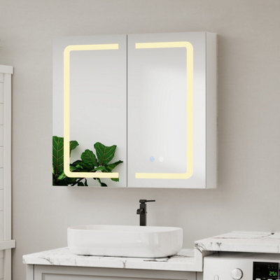 Living And Home Double-Door Wall Mounted Bathroom Mirror Cabinet With Led Lighting And Shaver Socket - image 1