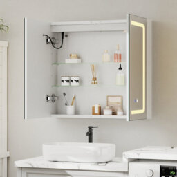 Living And Home Double-Door Wall Mounted Bathroom Mirror Cabinet With Led Lighting And Shaver Socket - thumbnail 2